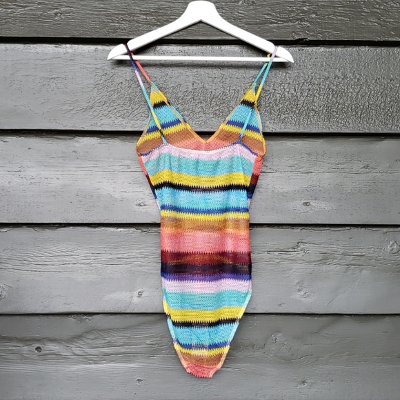 218 ONE BY ONE Striped Crochet Sheer Bodysuit Top sz M Festival Streetwear - Picture 3 of 5